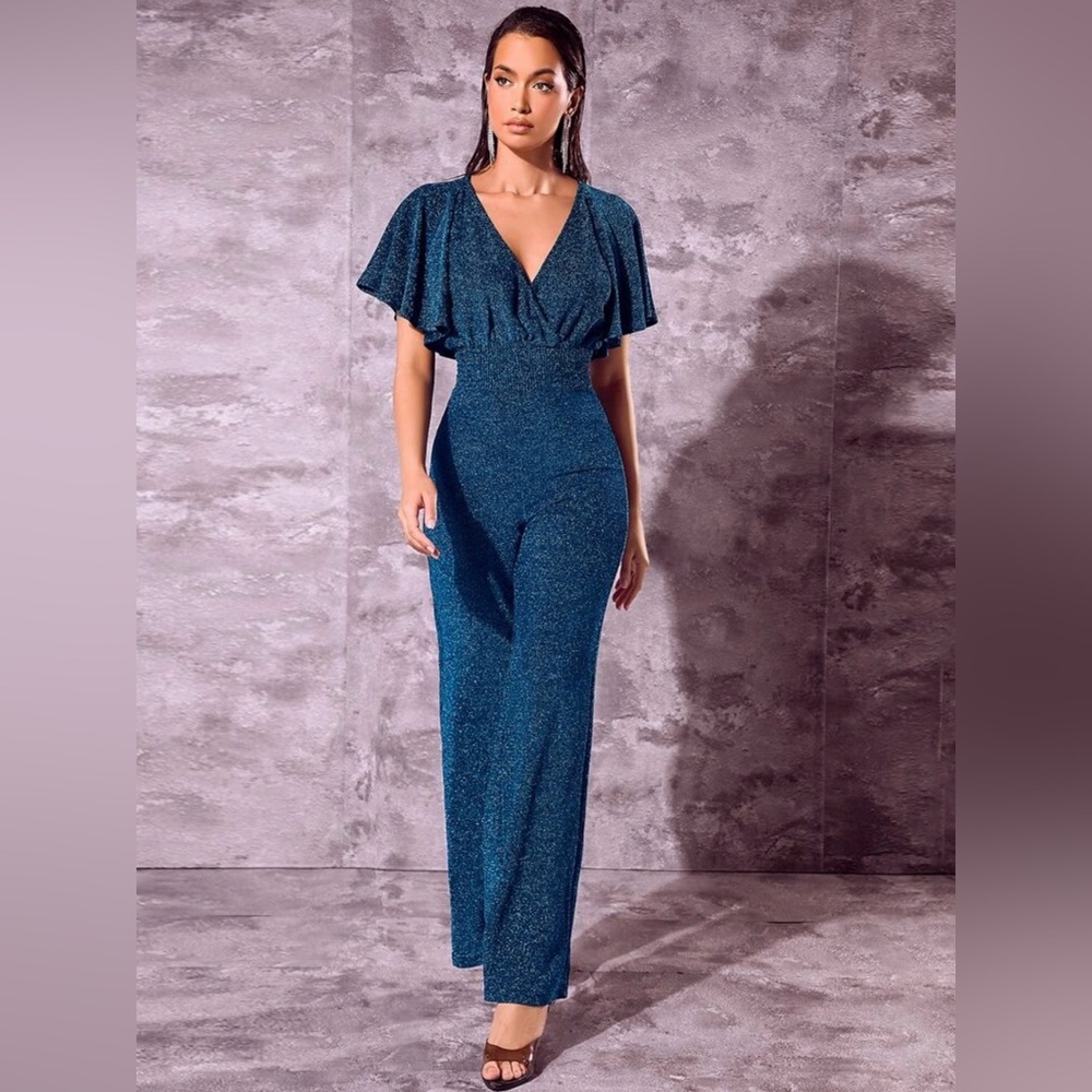 SHEIN Belle Butterfly Sleeve Glitter Jumpsuit